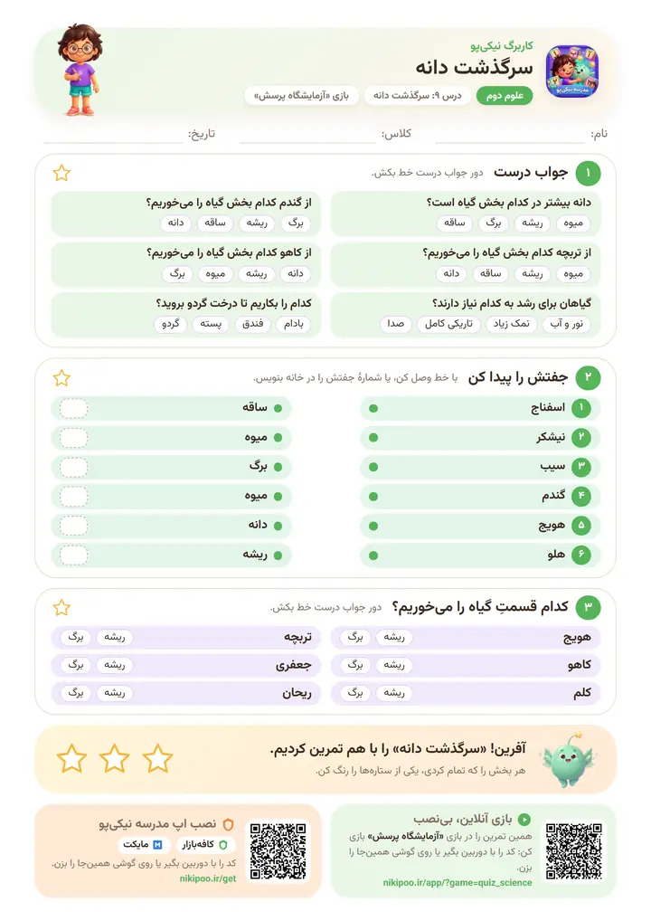 کاربرگ علوم دوم درس ۹: سرگذشت دانه — برگهٔ رنگی آمادهٔ چاپ