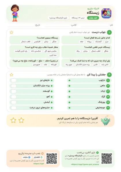 نمونه سوال و کاربرگ زیستگاه، علوم پایهٔ چهارم