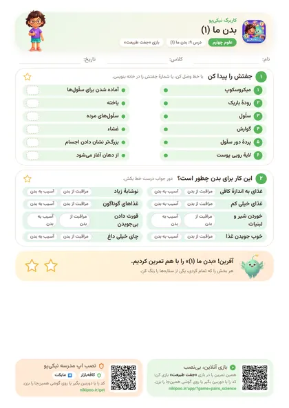 نمونه سوال و کاربرگ بدن ما (۱)، علوم پایهٔ چهارم