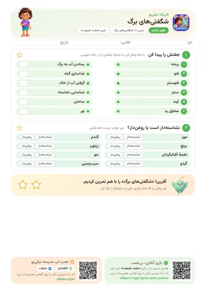نمونه سوال و کاربرگ شگفتی‌های برگ، علوم پایهٔ ششم