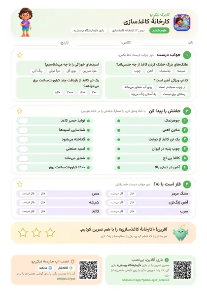 نمونه سوال و کاربرگ کارخانهٔ کاغذسازی، علوم پایهٔ ششم