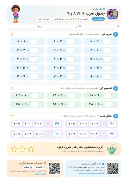 نمونه سوال و کاربرگ جدول ضرب ۶، ۷، ۸ و ۹، ریاضی پایهٔ چهارم