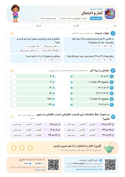 نمونه سوال و کاربرگ آمار و احتمال، ریاضی پایهٔ پنجم