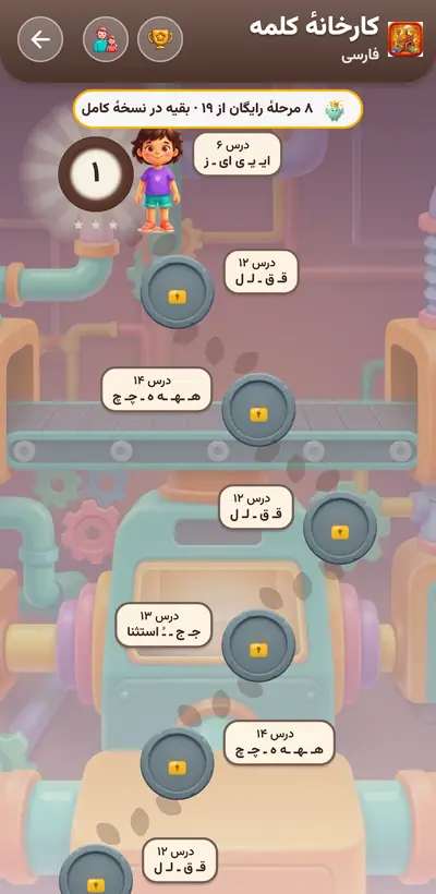 اسکرین‌شات کارخانهٔ کلمه — ۱۳۹ مرحله در ۶ پایه